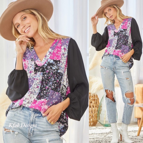 Tops - ❤️LAST 2! V Neck Floral Patchwork Ballon Sleeves Top!
